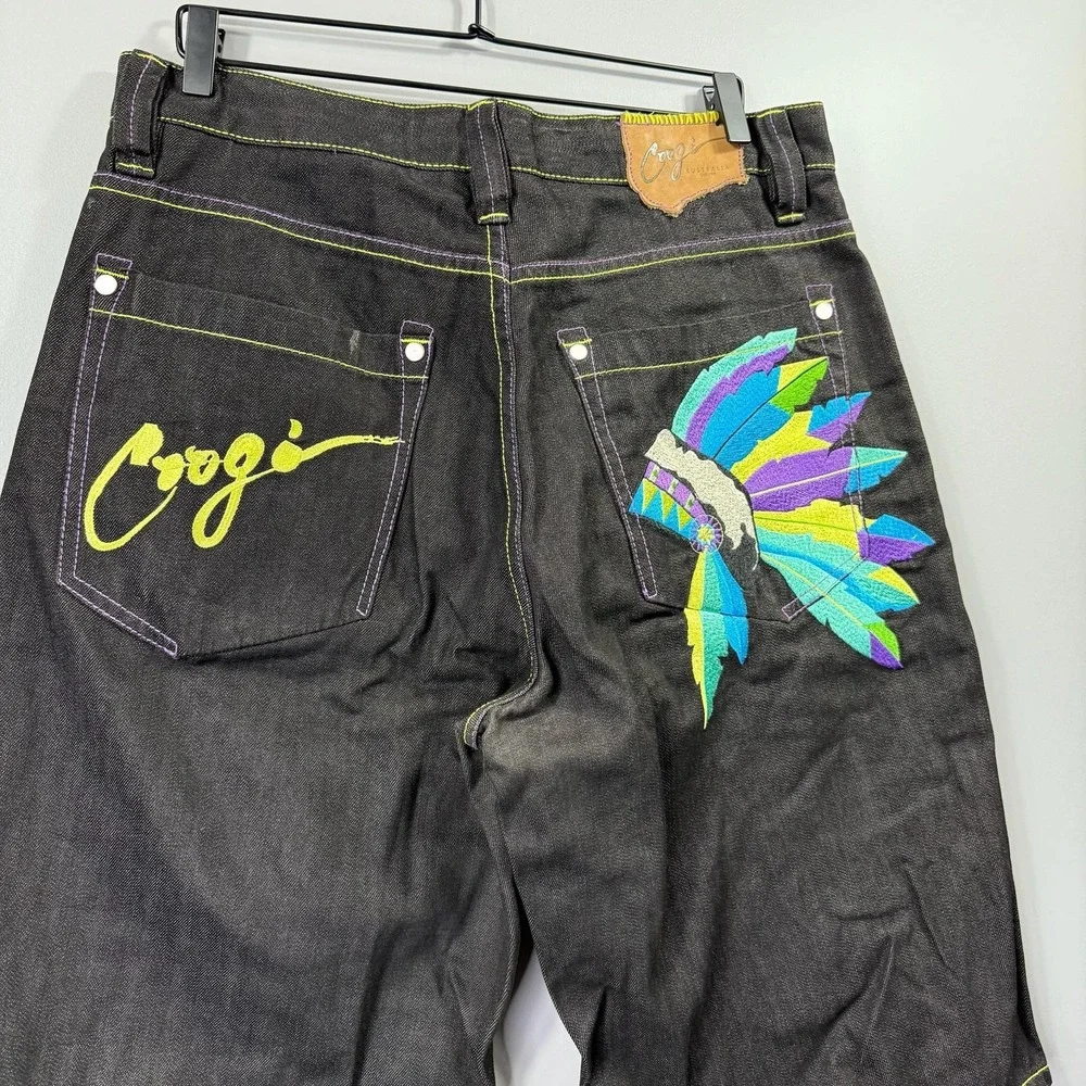Coogi Shorts Mens 36 Black Denim Bermuda Colorful Embroidered Feather Graphic